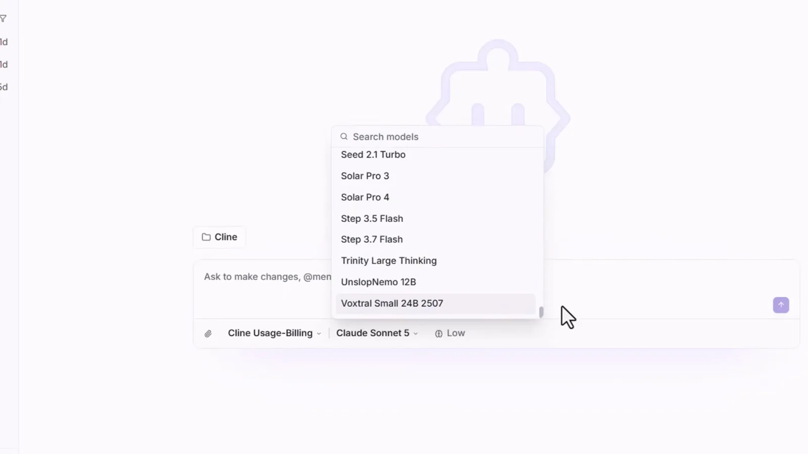 Search models dropdown open in Cline Desktop scrolled deep into the catalog listing Seed 2.1 Turbo, Solar Pro 3, Solar Pro 4, Step 3.5 Flash, Step 3.7 Flash, Trinity Large Thinking and Voxtral Small 24B 2507