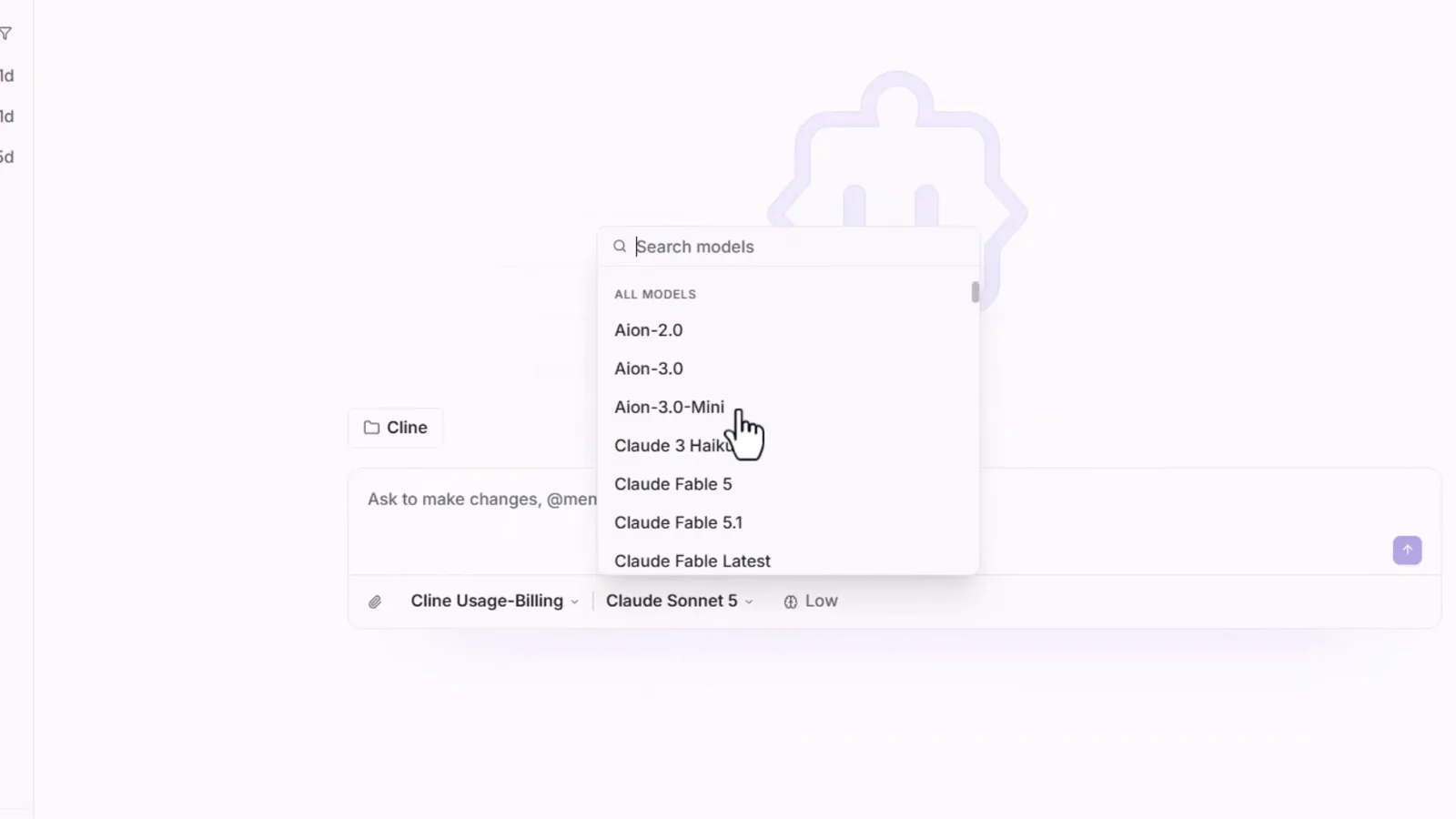Search models dropdown open in Cline Desktop listing paid entries from Aion-2.0 to Claude Fable Latest under the ALL MODELS heading Search models dropdown open in Cline Desktop listing paid entries from Aion-2.0 to Claude Fable Latest under the ALL MODELS heading