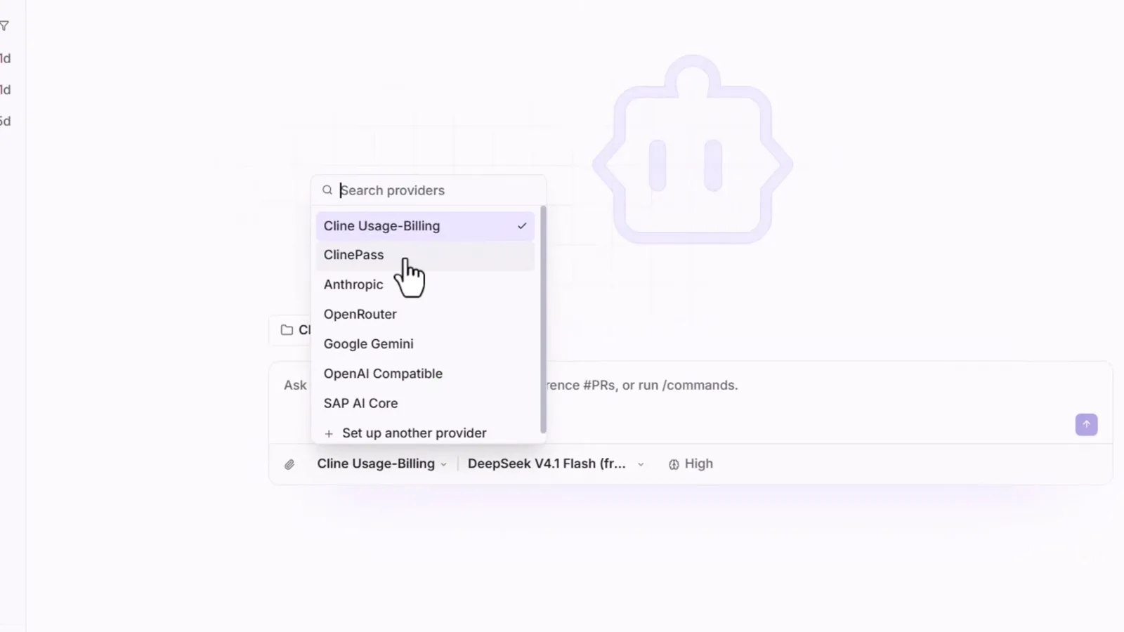 Search providers menu in Cline Desktop with Cline Usage-Billing checked above ClinePass, Anthropic, OpenRouter, Google Gemini, OpenAI Compatible and SAP AI Core Search providers menu in Cline Desktop with Cline Usage-Billing checked above ClinePass, Anthropic, OpenRouter, Google Gemini, OpenAI Compatible and SAP AI Core