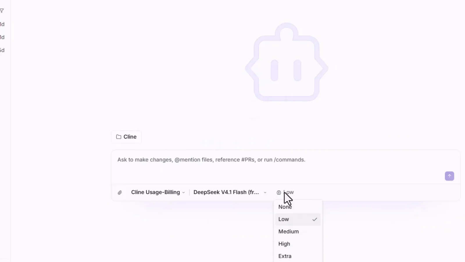 Reasoning effort dropdown under the Cline Desktop composer showing None, Low ticked, Medium, High and Extra while the model slot already reads DeepSeek V4.1 Flash