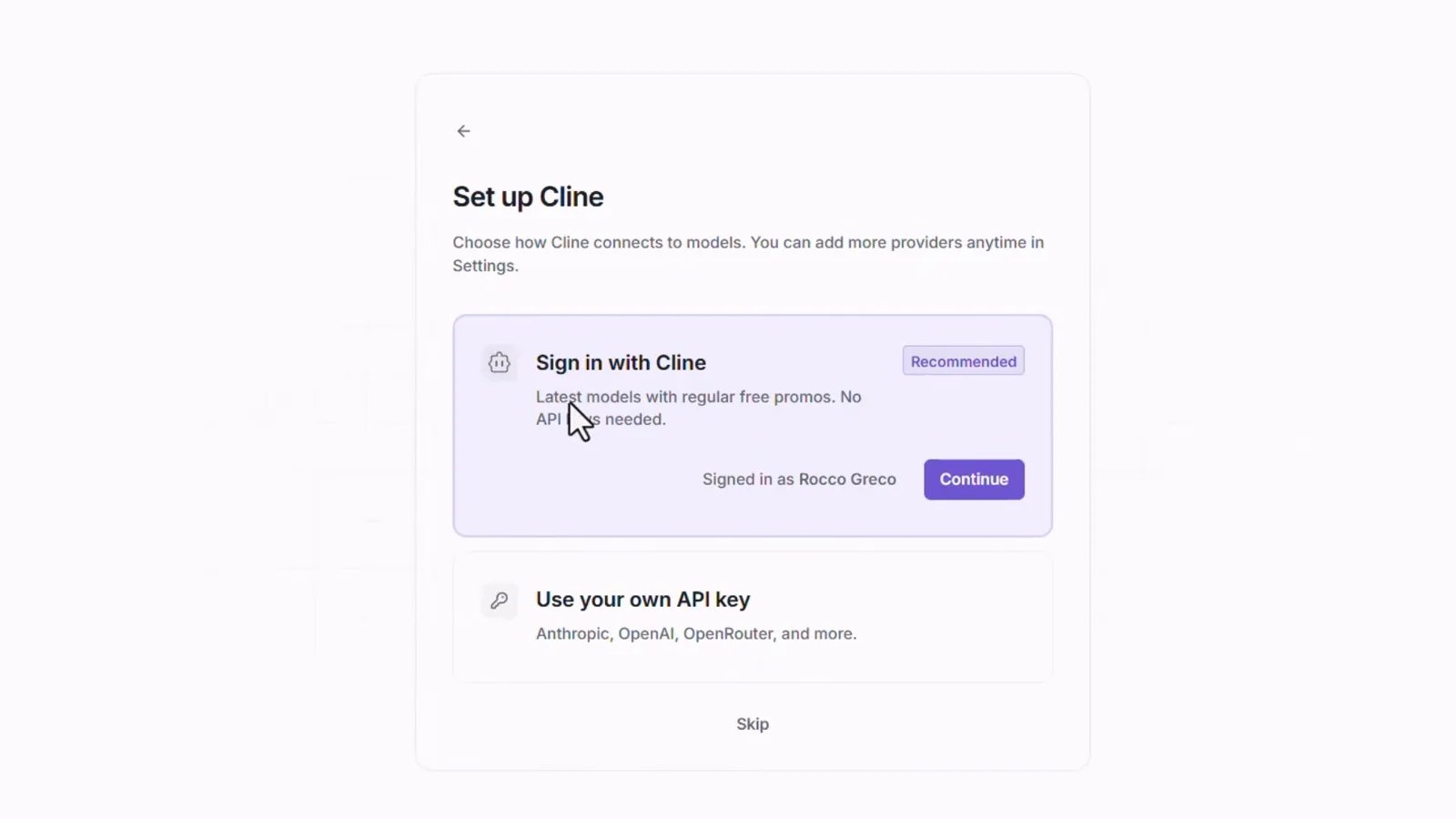 Cline Desktop Set up Cline screen offering Sign in with Cline (Recommended) next to Use your own API key for Anthropic, OpenAI and OpenRouter Cline Desktop Set up Cline screen offering Sign in with Cline (Recommended) next to Use your own API key for Anthropic, OpenAI and OpenRouter