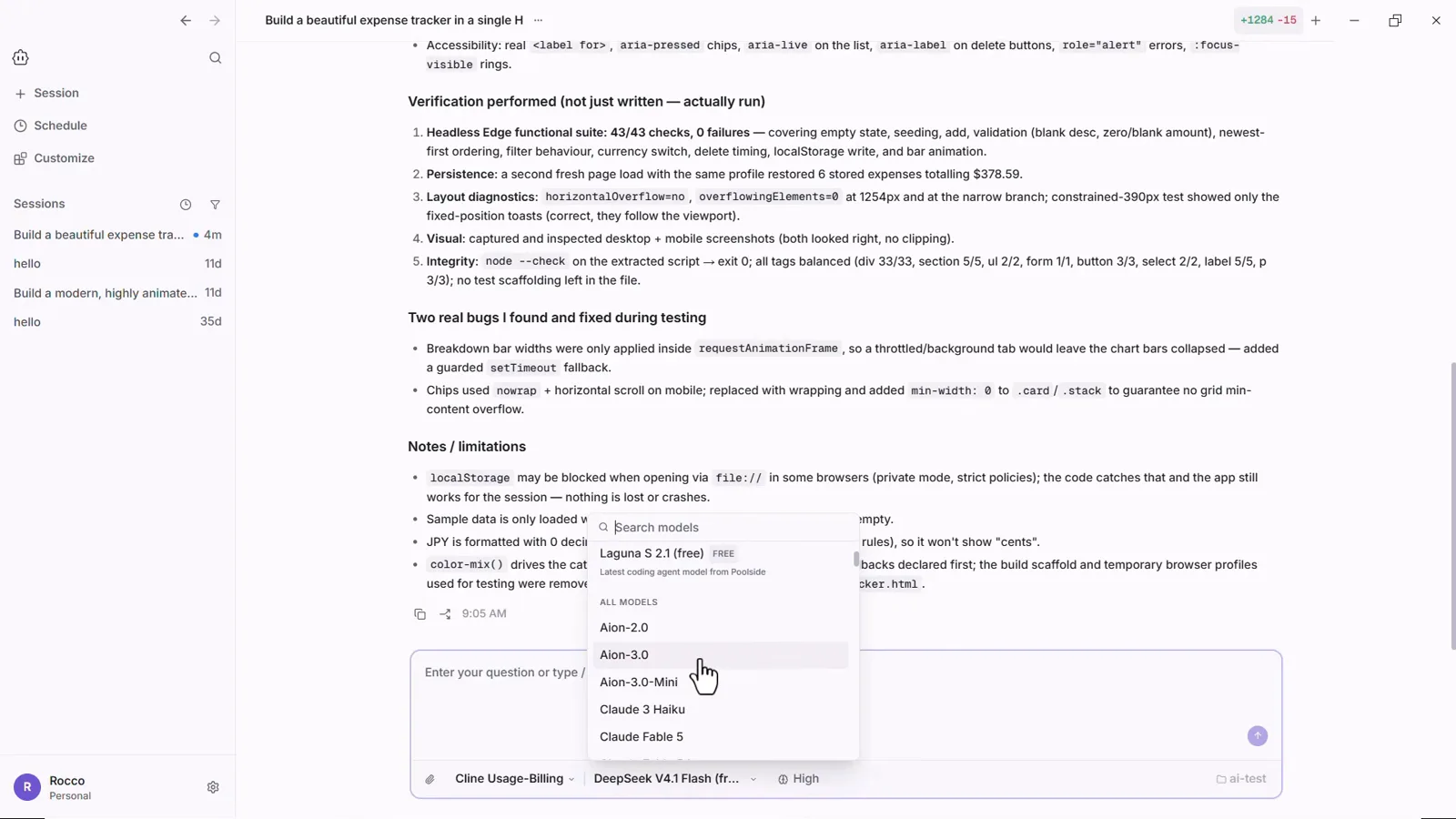 Model picker reopened mid-session in Cline Desktop with Laguna 5.1.1 (free) at the top of the FREE section above the ALL MODELS catalog Model picker reopened mid-session in Cline Desktop with Laguna 5.1.1 (free) at the top of the FREE section above the ALL MODELS catalog