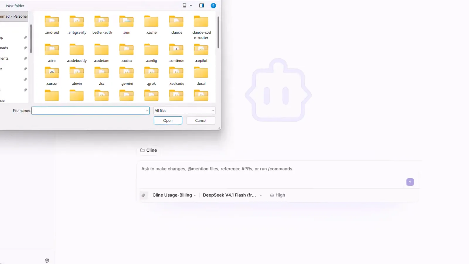 Open file dialog over Cline Desktop used to pick the workspace folder where the agent will write files, with Open and Cancel buttons Open file dialog over Cline Desktop used to pick the workspace folder where the agent will write files, with Open and Cancel buttons