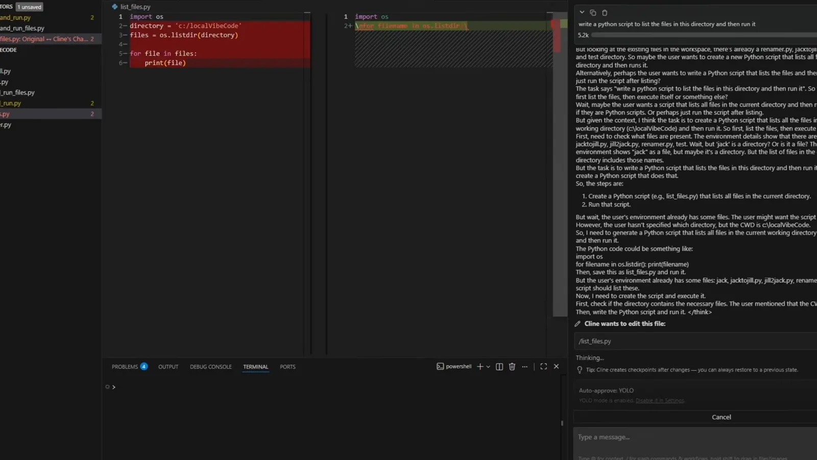 VS Code with Cline editing list_files.py in a red and green diff beside its own reasoning, a 5.0k token count and Auto-approve set to YOLO