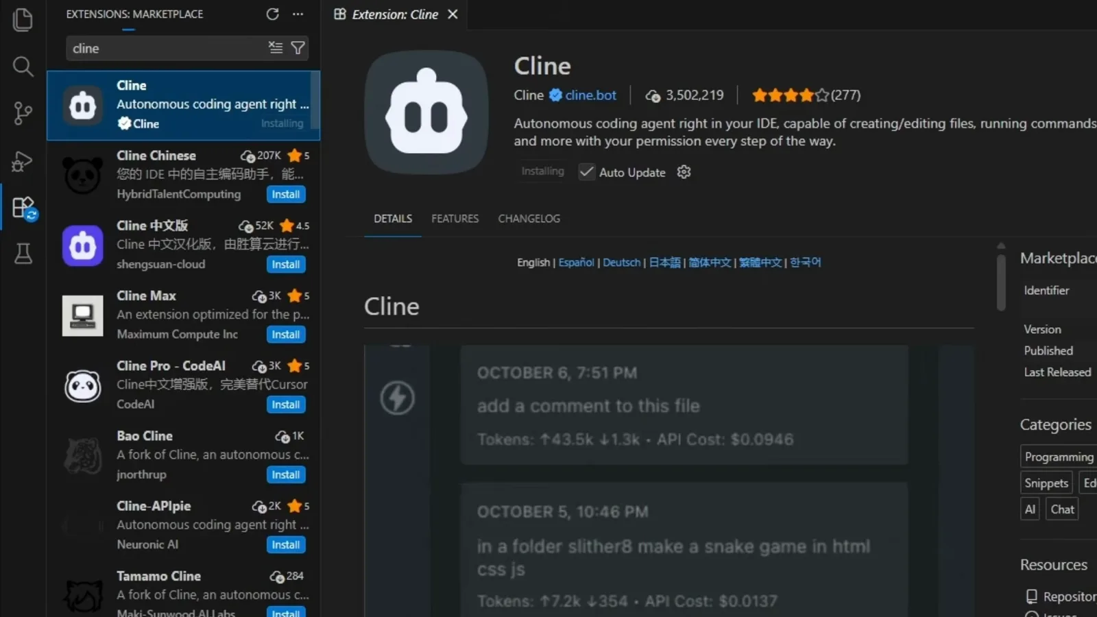 Cline extension installing in the VS Code marketplace search for cline, with the official cline.bot listing above Cline Chinese, Cline Max and Bao Cline look-alikes