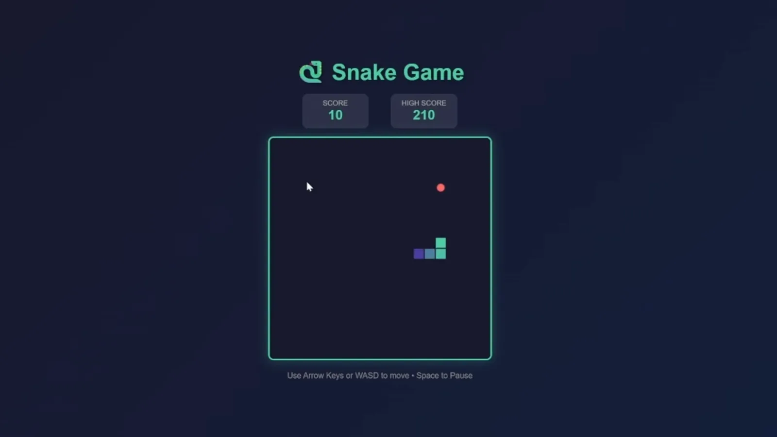 Snake Game page running in the browser with Score 10 and High Score 210, the grid and a snake built end to end by Cline on a local LM Studio model