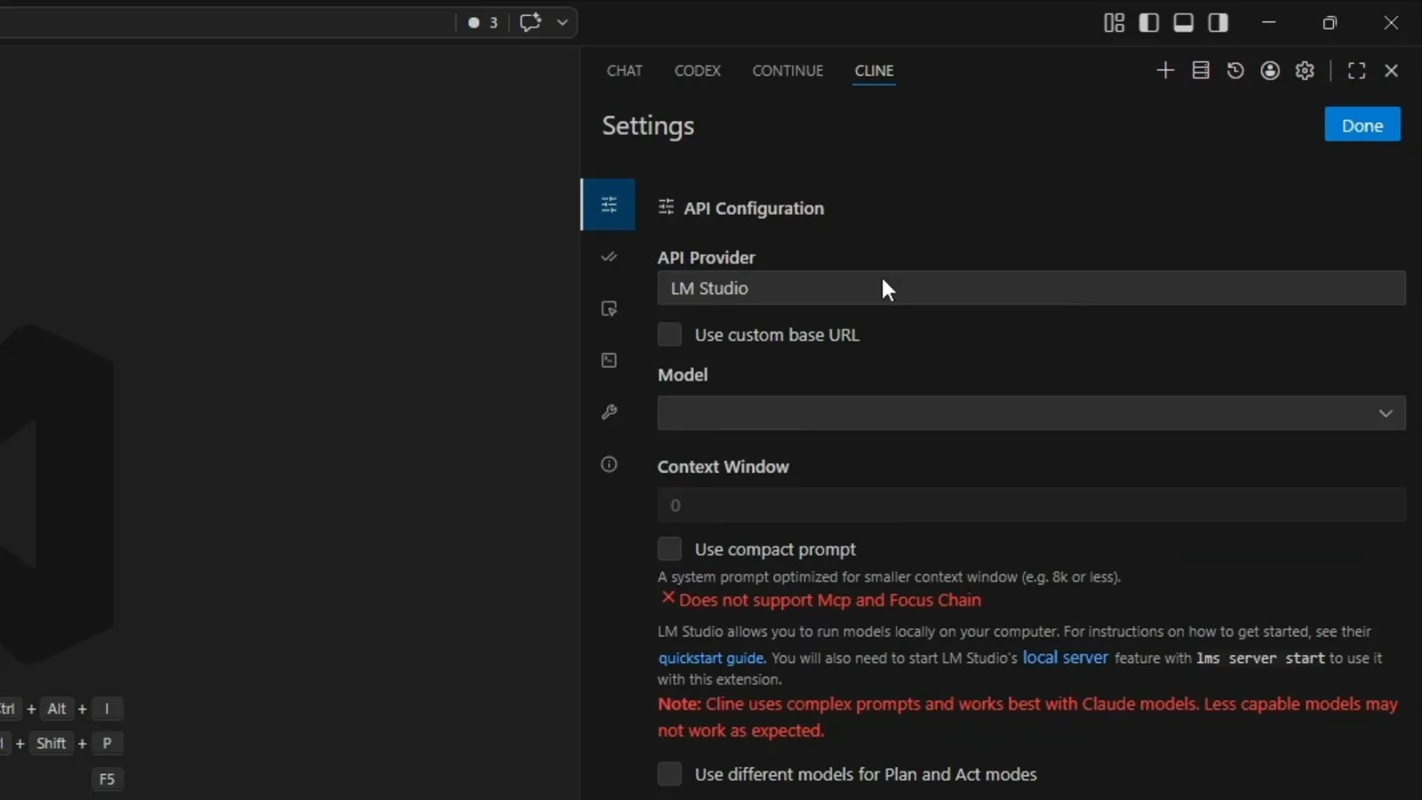 Cline Settings API Configuration panel with API Provider set to LM Studio, Use custom base URL unchecked, an empty Model field and Context Window at zero