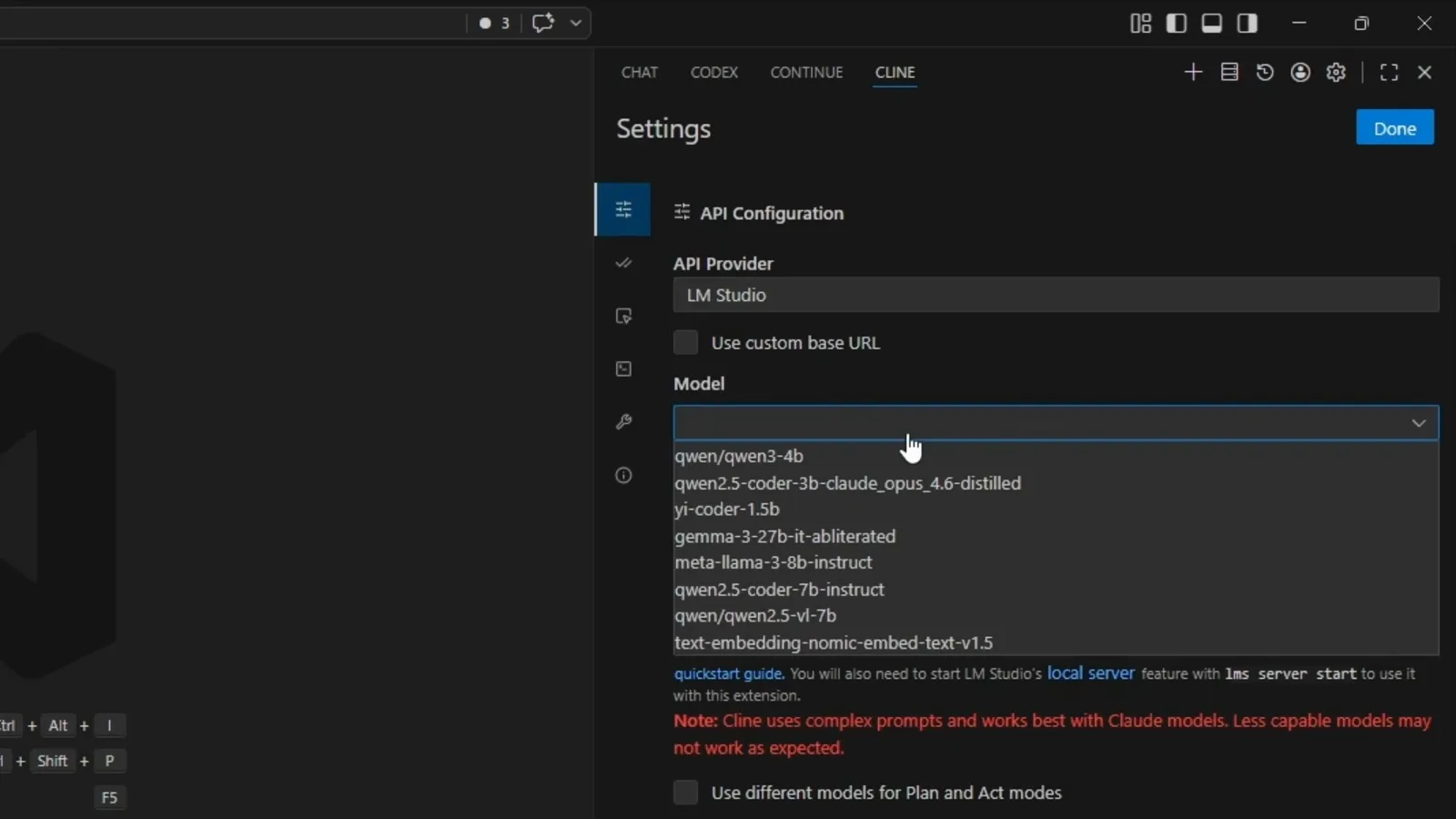 Cline Settings Model dropdown open over API Configuration listing qwen/qwen3-4b, qwen2.5-coder-7b-instruct, gemma-3-27b-it-abliterated and yi-coder-1.5b served by LM Studio