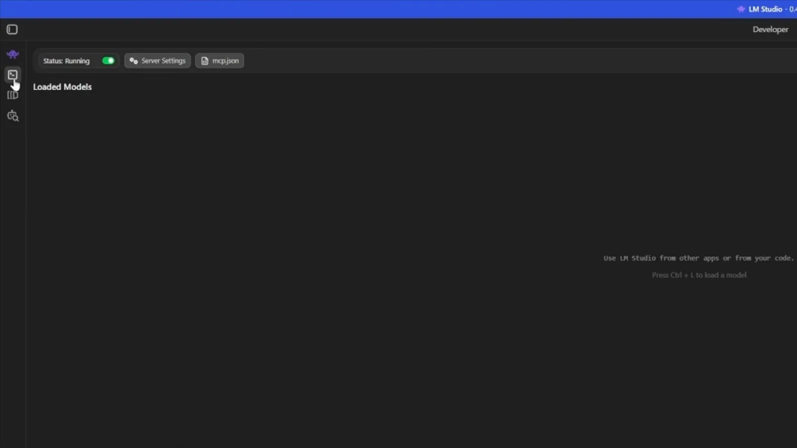 LM Studio Developer tab Local Server page with Status Running and an empty Loaded Models panel prompting Ctrl plus L to load a model that Cline can then select
