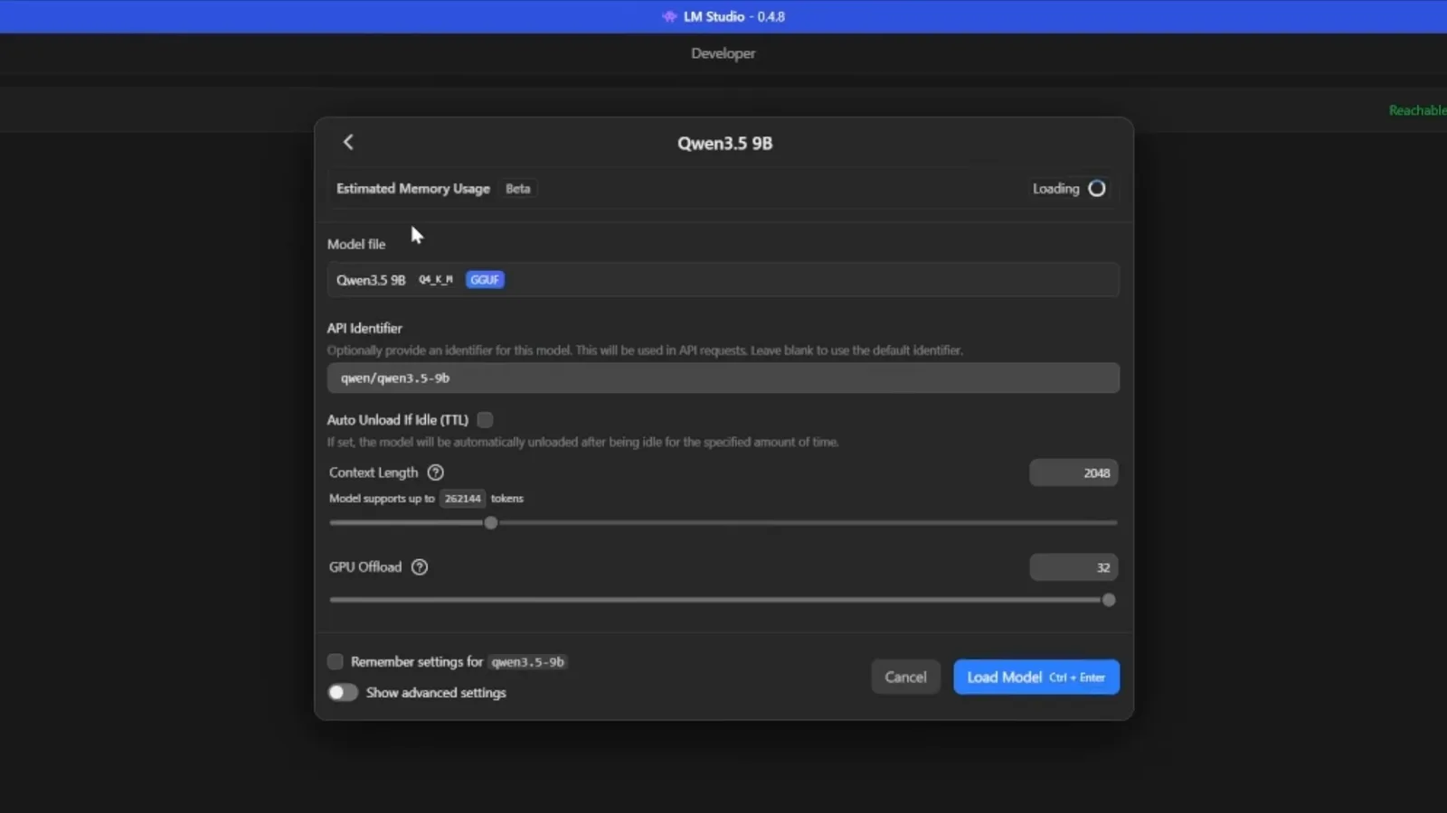 LM Studio 0.4.8 load model dialog for Qwen3.5 9B with Context Length at 2048, the note that the model supports up to 262144 tokens and the Load Model button