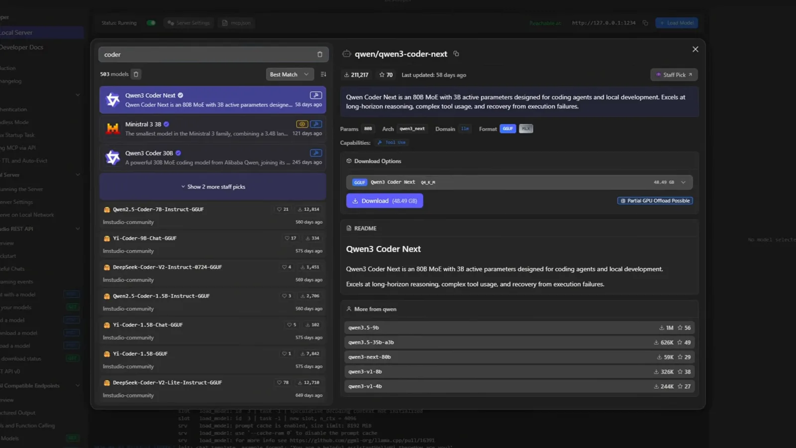 LM Studio Discover search for coder showing staff picks Qwen3 Coder Next and Qwen3 Coder 30B beside community DeepSeek-Coder-V2 GGUF builds and a 48.49 GB download button