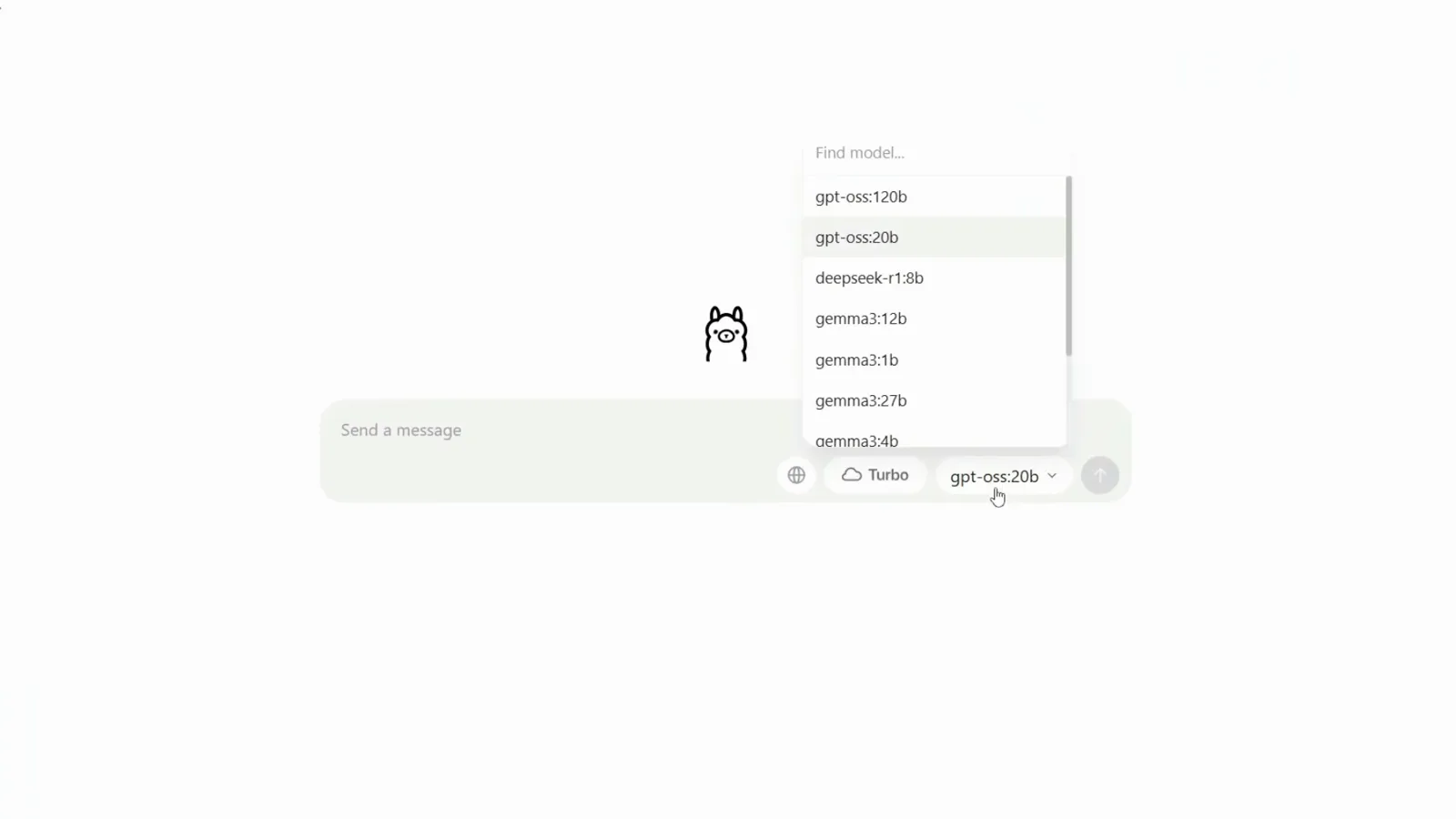Ollama desktop app Find model picker listing gpt-oss 120b, gpt-oss 20b, deepseek-r1 8b and gemma3 tags while the model chip already reads gpt-oss 20b