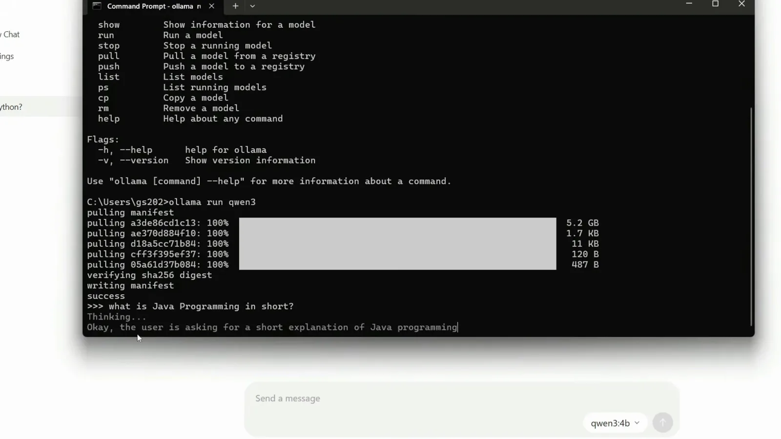 Windows Command Prompt running ollama run qwen3 with pulling manifest and verifying sha256 digest at 100 percent before dropping into a live qwen3 4b prompt