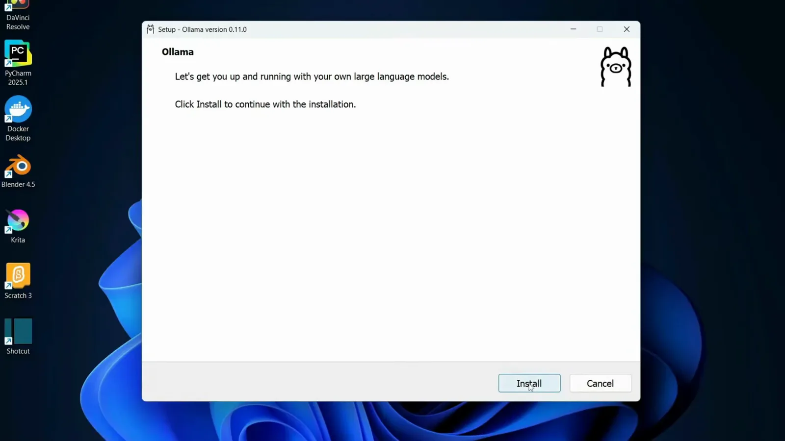 Ollama version 0.11.0 setup wizard on Windows telling you to click Install to get up and running with your own large language models