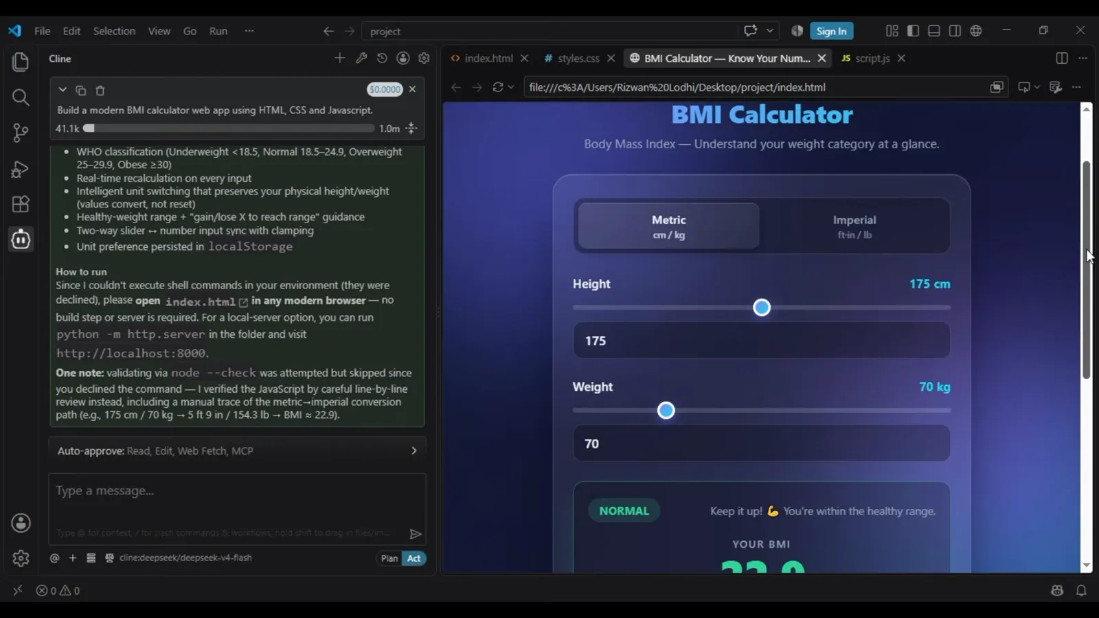 The finished BMI Calculator web app running in a browser next to VS Code with Cline's completion summary and BMI Calculation Checkpoint in the panel