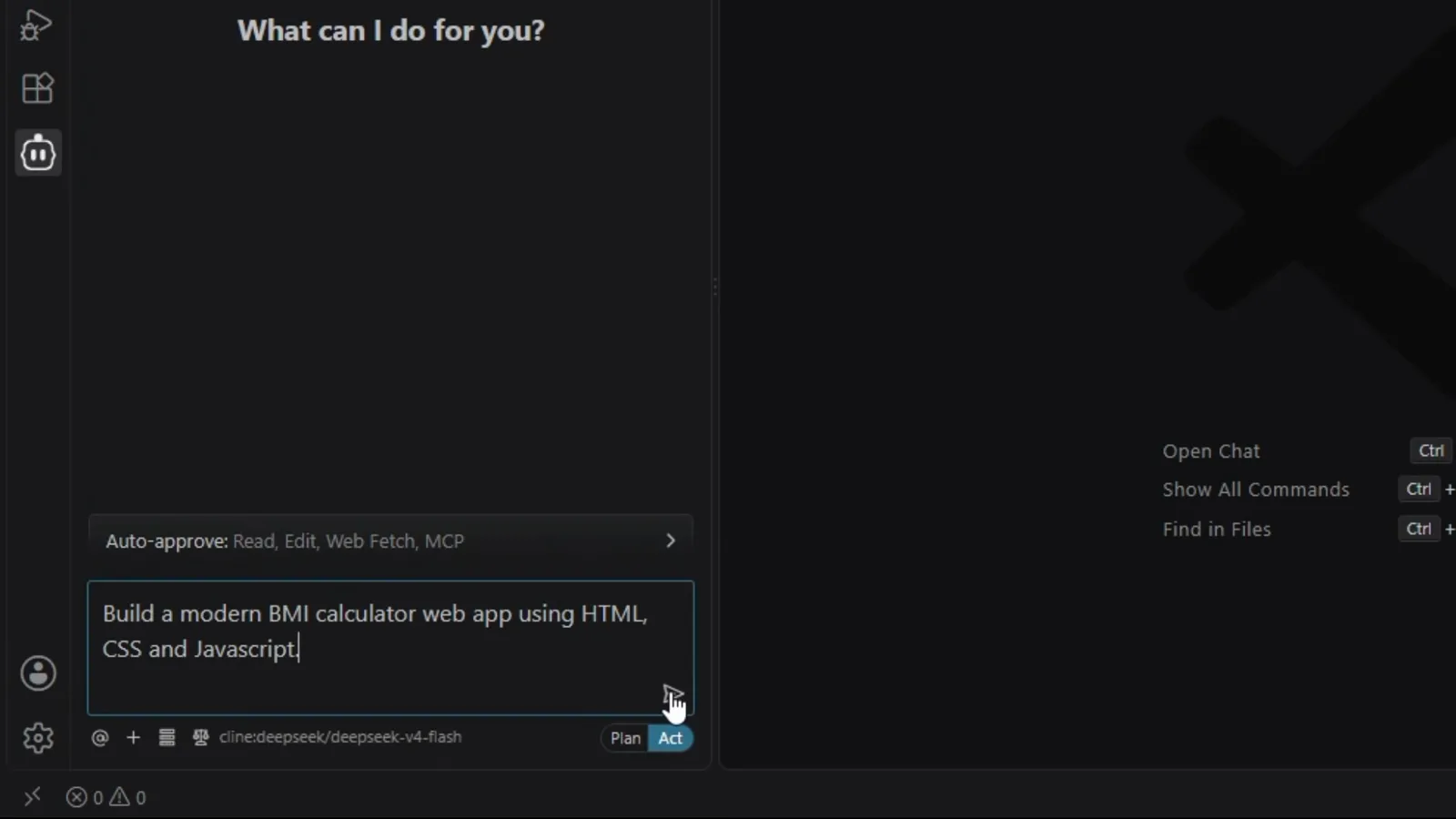 A first Cline task asking for a modern BMI calculator web app using HTML, CSS and JavaScript typed into the chat input