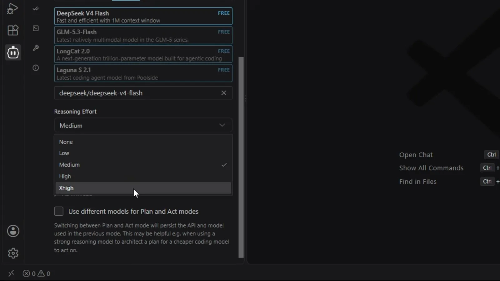Cline settings showing the deepseek/deepseek-v4-flash model ID chosen from the Free tab with the Reasoning Effort dropdown set to Medium