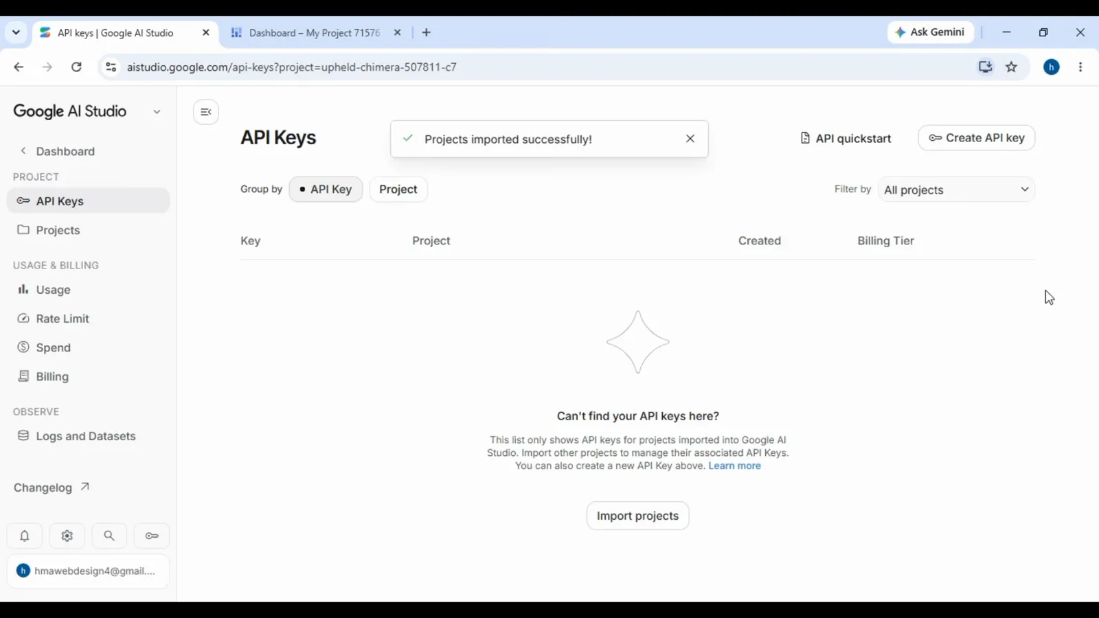 Google AI Studio's Create API key dialog where a free Gemini key is generated for Cline's Google Gemini provider field