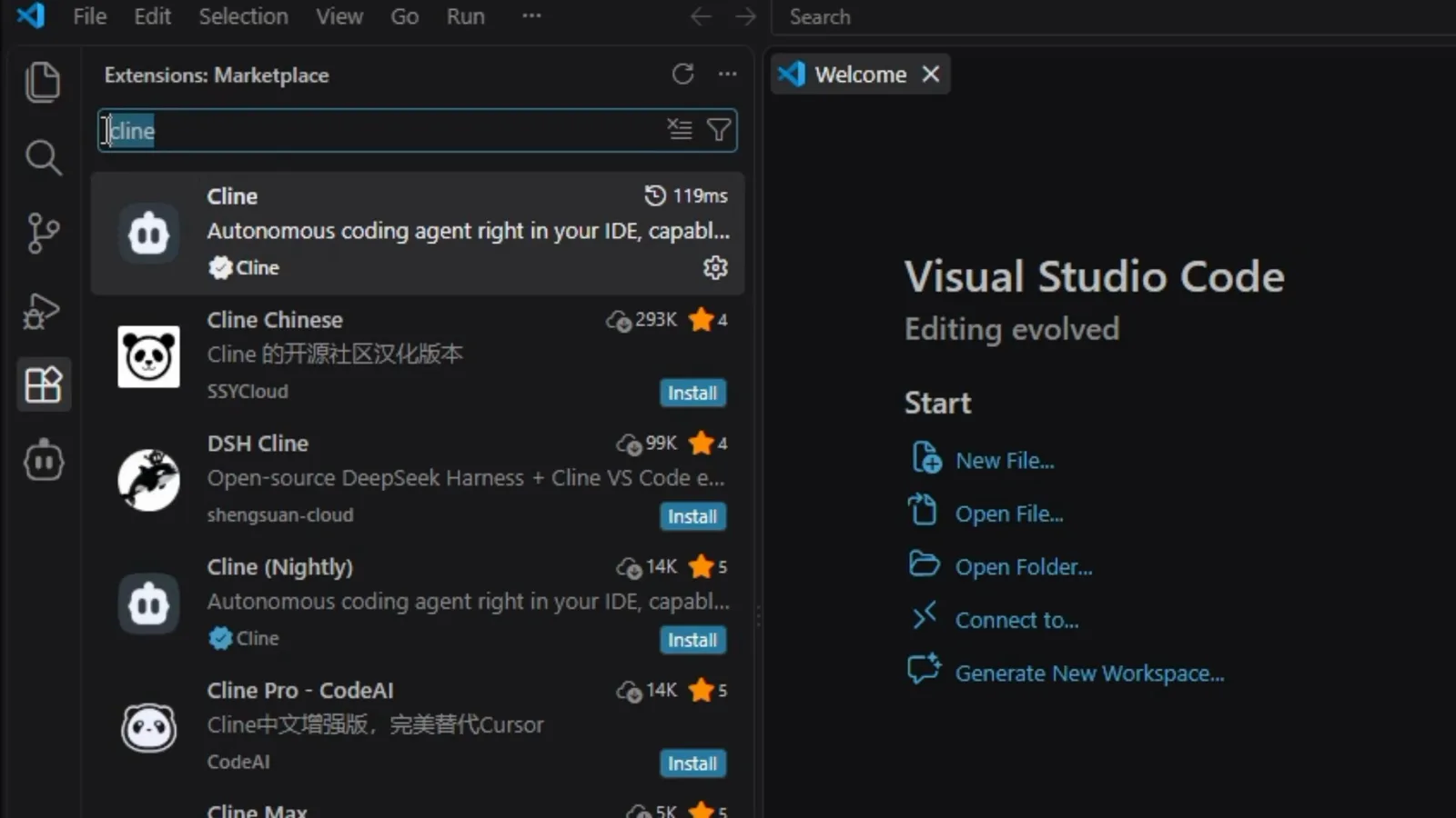 The VS Code Extensions Marketplace search for Cline showing the Autonomous coding agent right in your IDE listing with its blue Install button