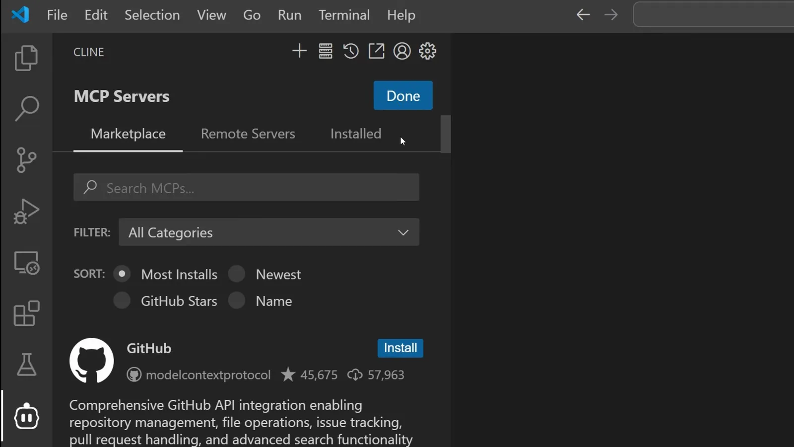 Cline's MCP Servers marketplace with the Marketplace, Remote Servers and Installed tabs and the GitHub MCP server card ready to install