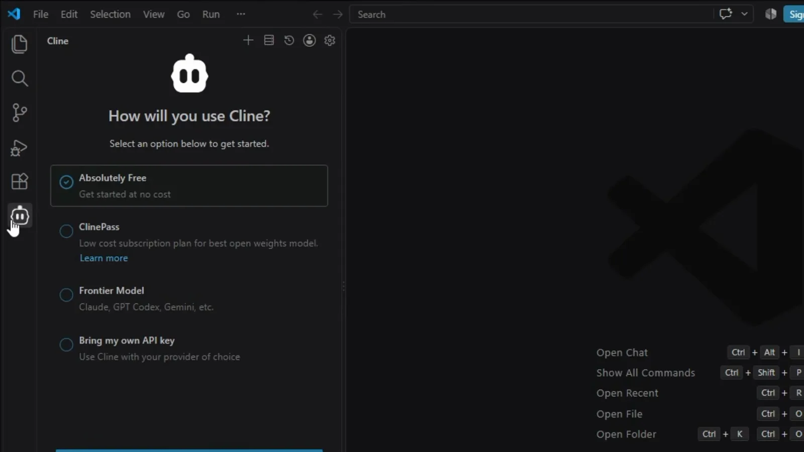 Cline's first-run screen asking How will you use Cline with the four setup options Absolutely Free, ClinePlans, Frontier Model and Bring my own API key