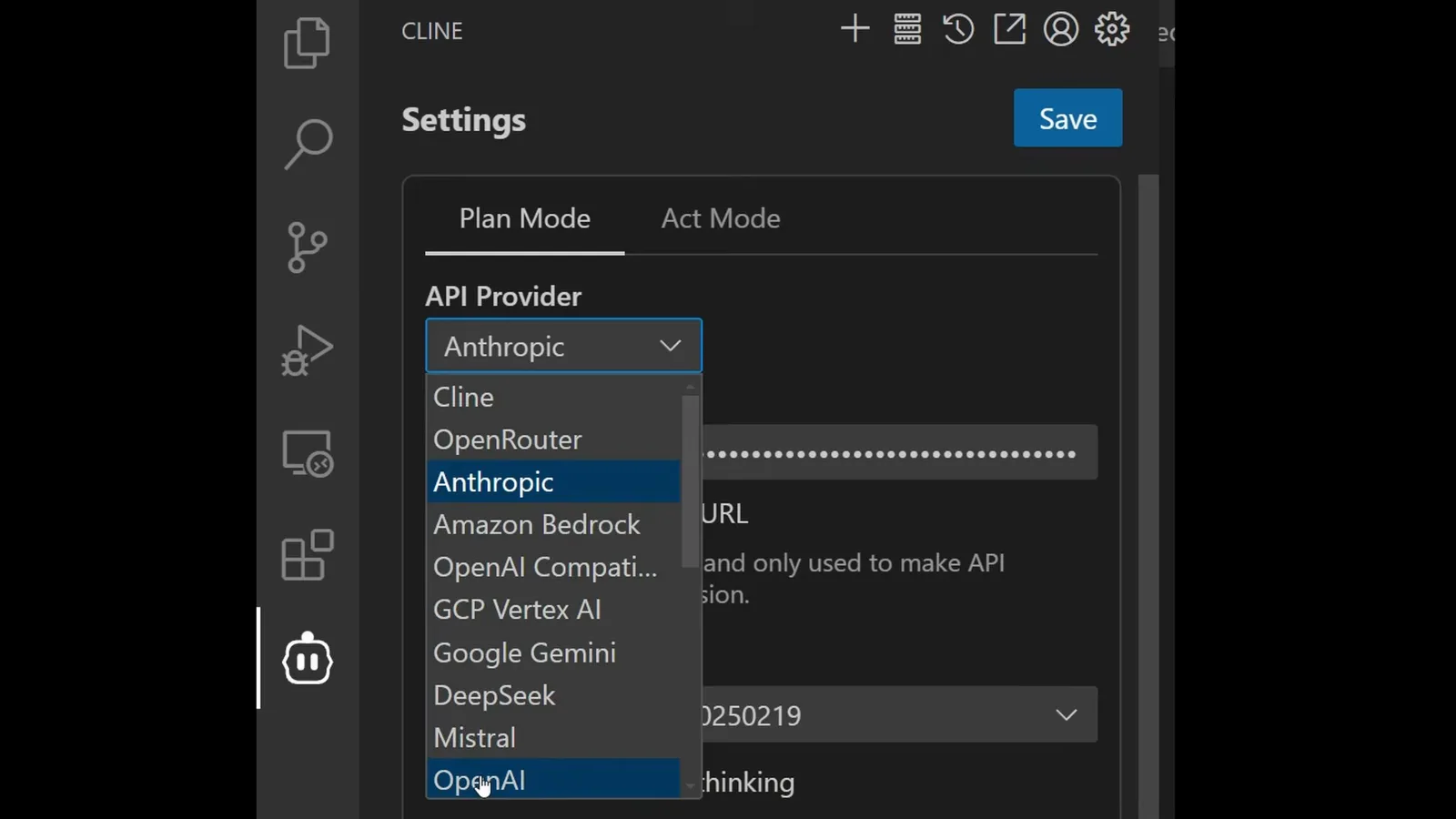 Cline's settings dialog showing the Plan Mode and Act Mode tabs above the API Provider and Model dropdowns used to split reasoning and coding models