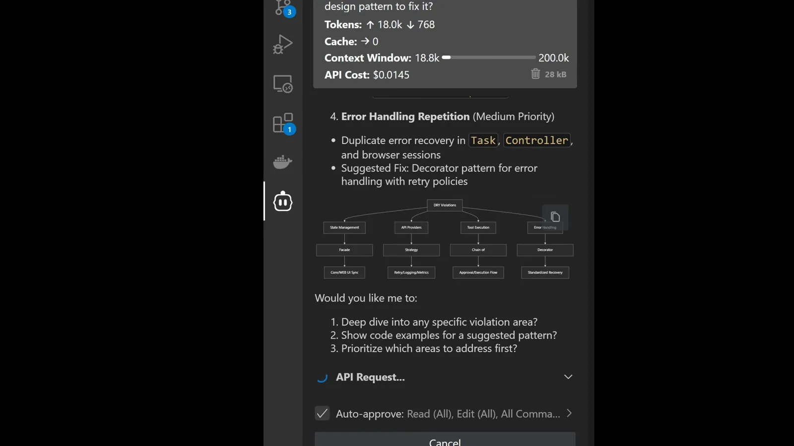 A Cline Plan mode analysis listing DRY violations with the task's token count, context window and 0.0145 dollars API cost shown on the task card