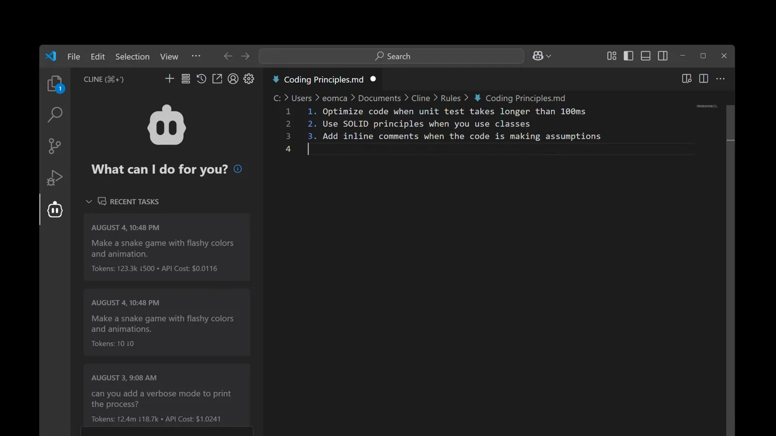 A Cline rule file open in VS Code with three measurable rules such as optimizing code when unit tests take longer than 100 milliseconds