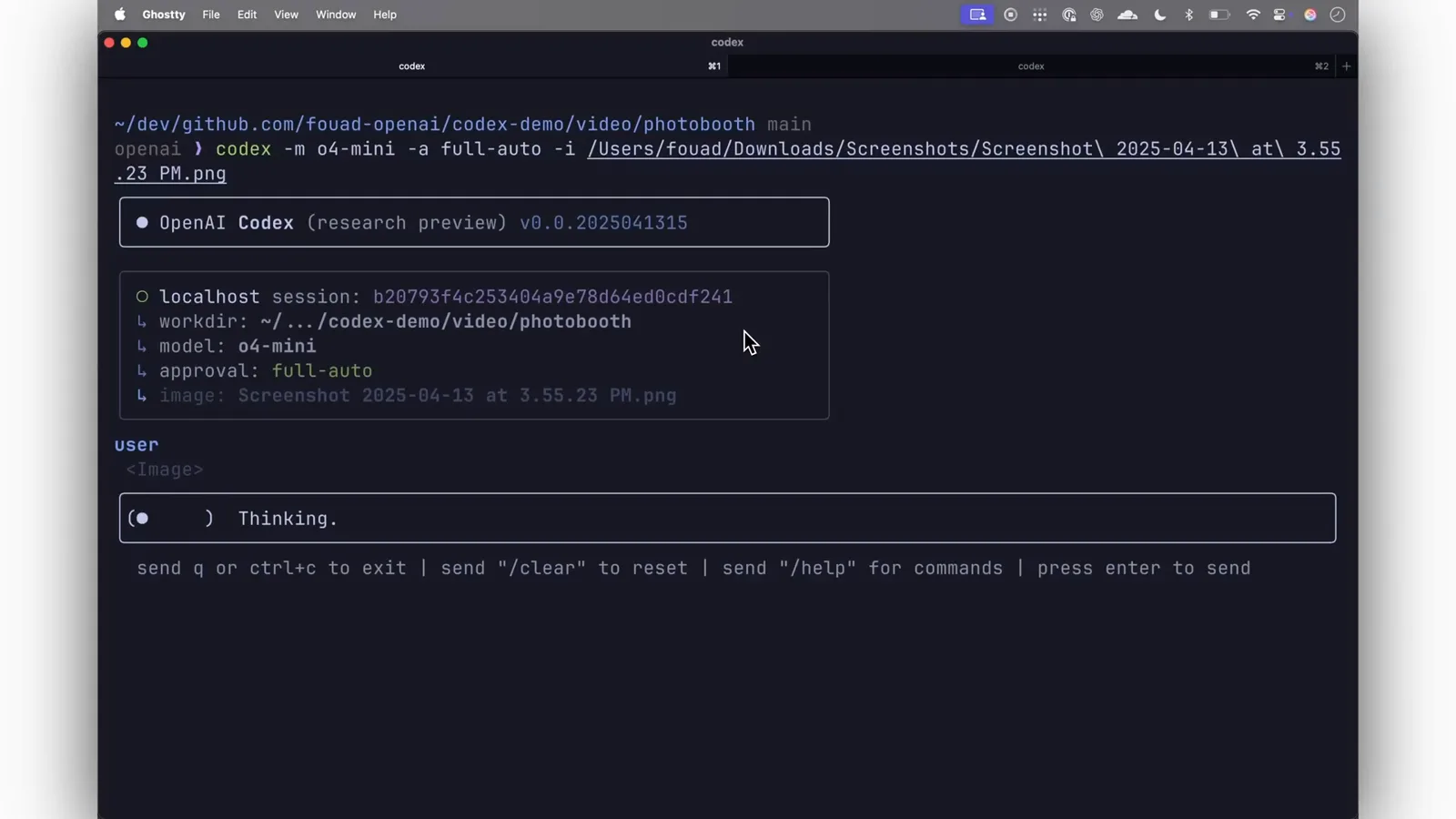 Codex CLI session header listing workdir, model o4-mini, approval full-auto and the attached Photo Booth screenshot file path while the first Thinking turn starts