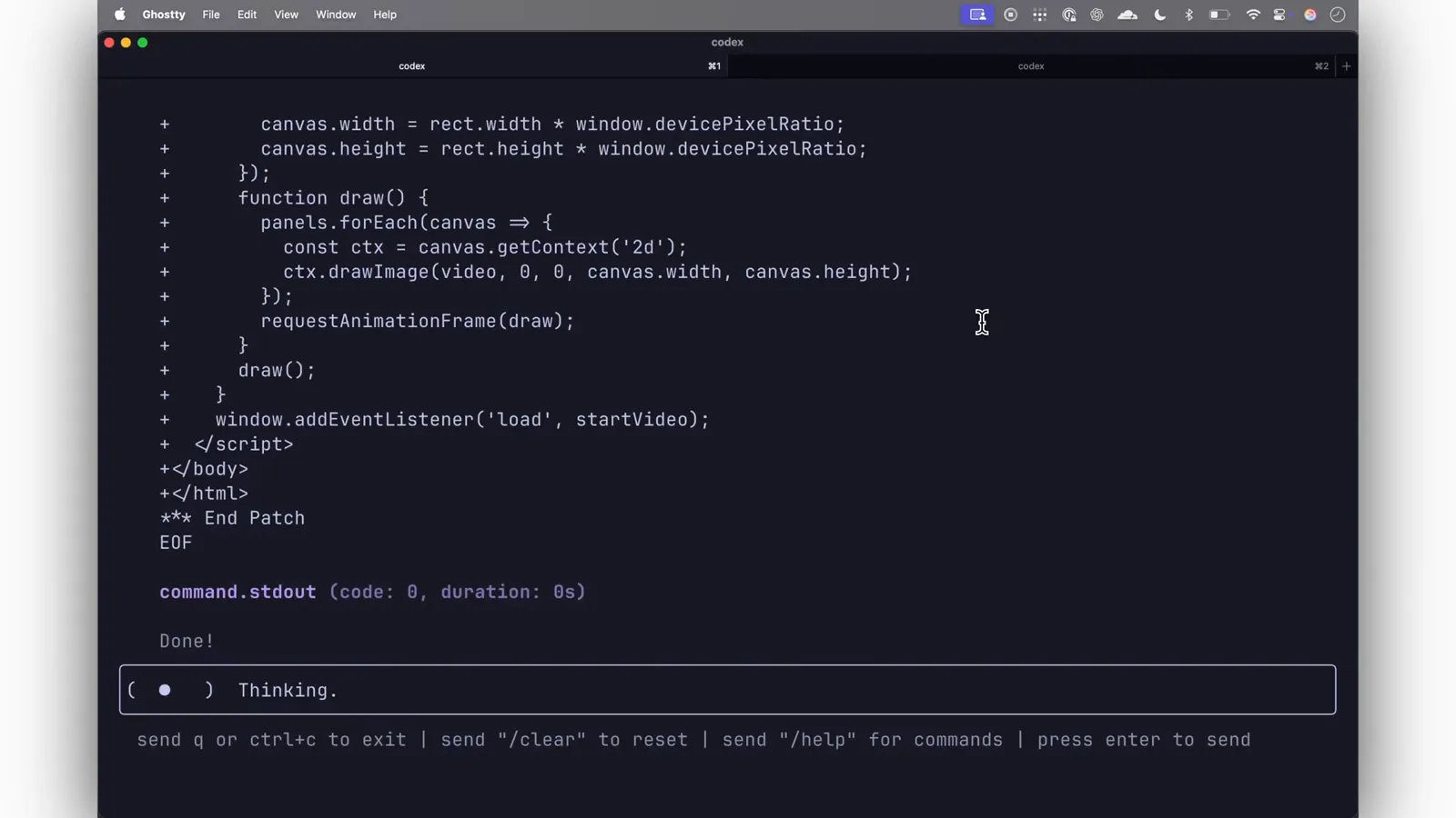 Codex CLI apply_patch streaming the generated index.html for the Photo Booth clone with devicePixelRatio canvas sizing, ctx.drawImage per panel and requestAnimationFrame before reporting Done