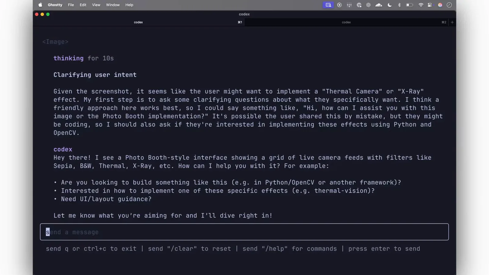 Codex CLI reply titled Clarifying user intent asking whether to build the Photo Booth filters in Python or OpenCV, recreate one specific effect like thermal-vision or get UI layout guidance