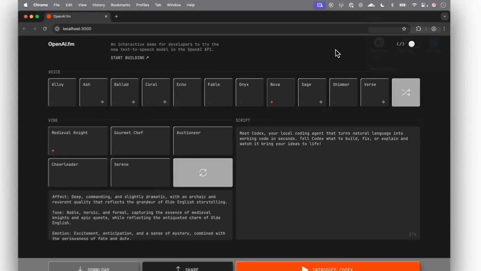 OpenAI.fm served at localhost:3000 fully dark in Chrome after Codex CLI adapted every surface to the system theme and renamed the orange Play button to Introduce Codex