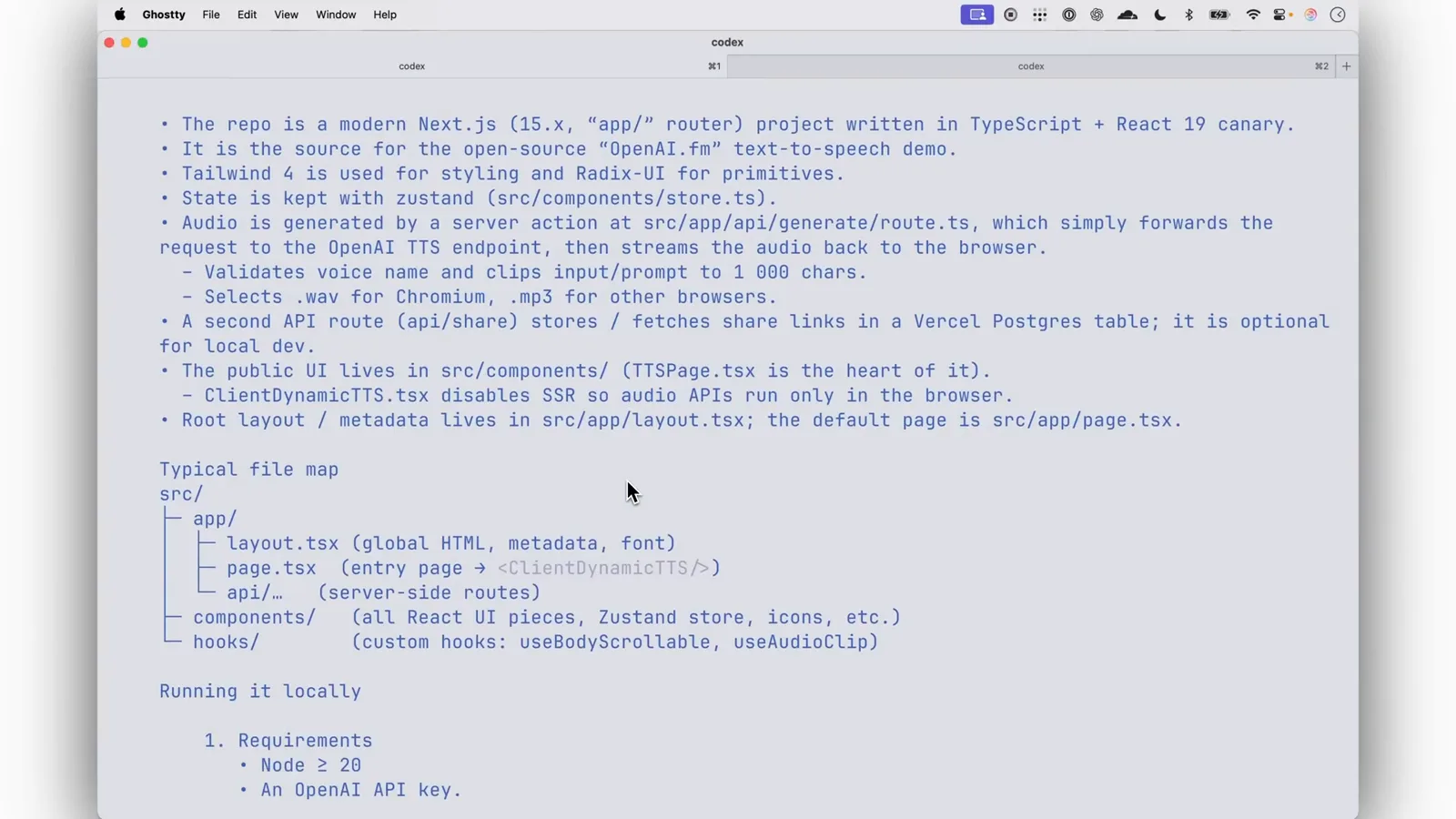 Codex CLI Typical file map listing layout.tsx for global HTML, page.tsx as the entry page and api/generate as the server route above the Running it locally checklist for the openai.fm project