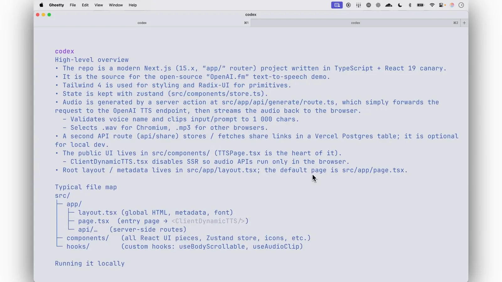 Codex CLI answer opening with a High-level overview section that identifies the openai.fm repo as a Next.js 15 app router project written in TypeScript with React 19 and Tailwind v4