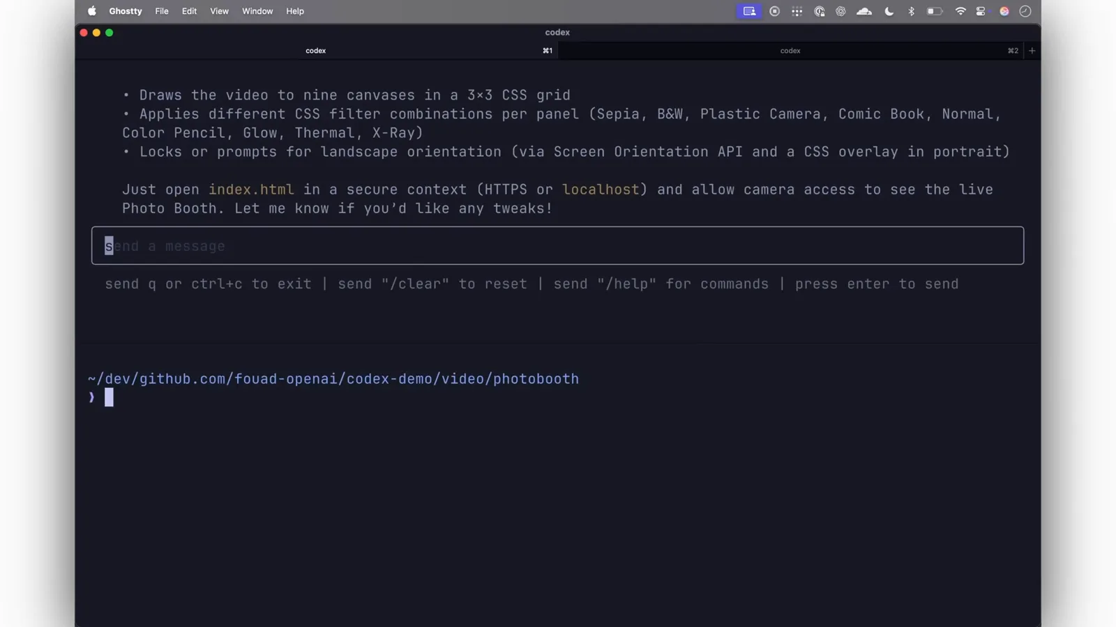 Codex CLI wrap-up message listing the 3x3 CSS grid of canvases, the Sepia to X-Ray filter lineup, landscape orientation via the Screen Orientation API and the instruction to open index.html over HTTPS or localhost