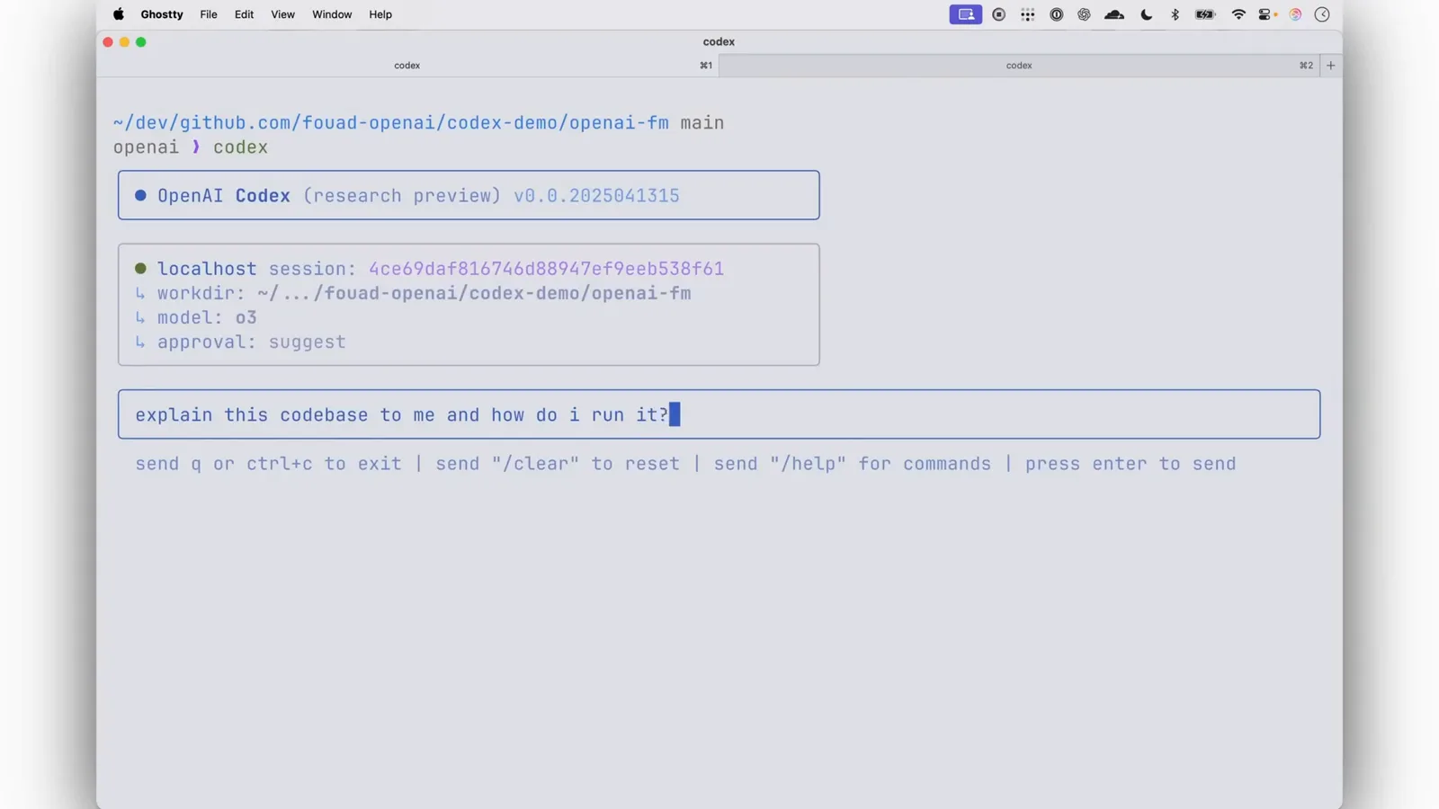 Codex CLI research preview session in the openai-fm repo showing workdir, model o3 and approval suggest in the header while the full prompt explain this codebase to me and how do I run it is typed in the input box