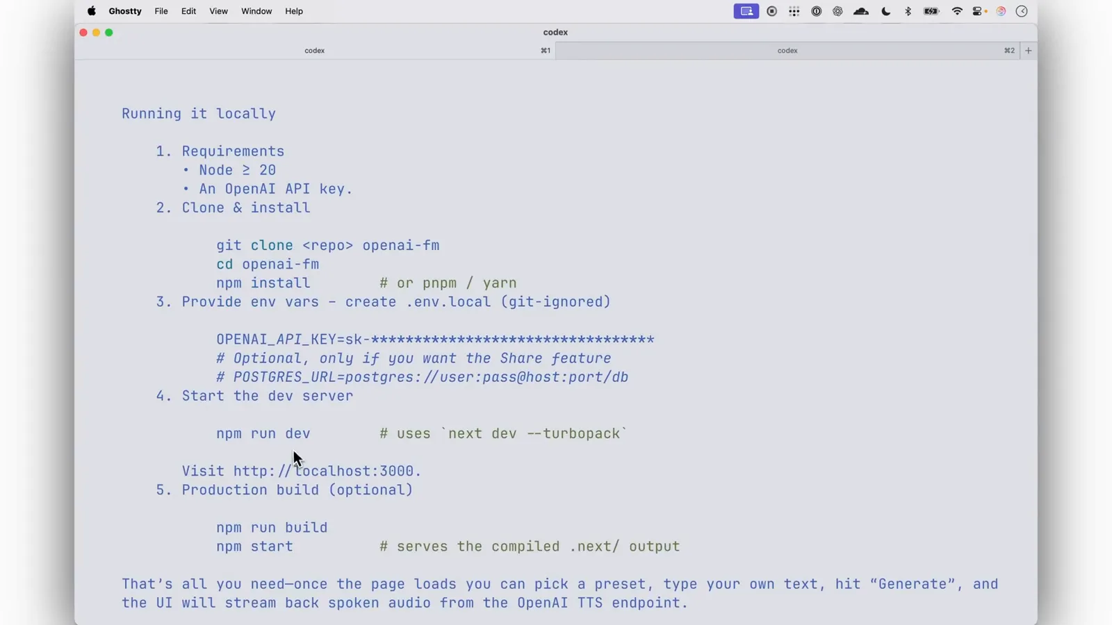 Codex CLI answer section Running it locally listing Node 20 and an OpenAI API key, git clone openai-fm, npm install, an OPENAI_API_KEY line for .env.local and npm run dev with next dev --turbopack before visiting localhost:3000