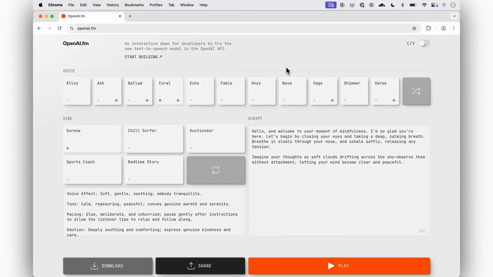OpenAI.fm demo site in light mode showing its grid of voice cards like Alloy, Ash, Ballad and Coral with vibe sliders and the orange Play button before the Codex CLI dark theme edit