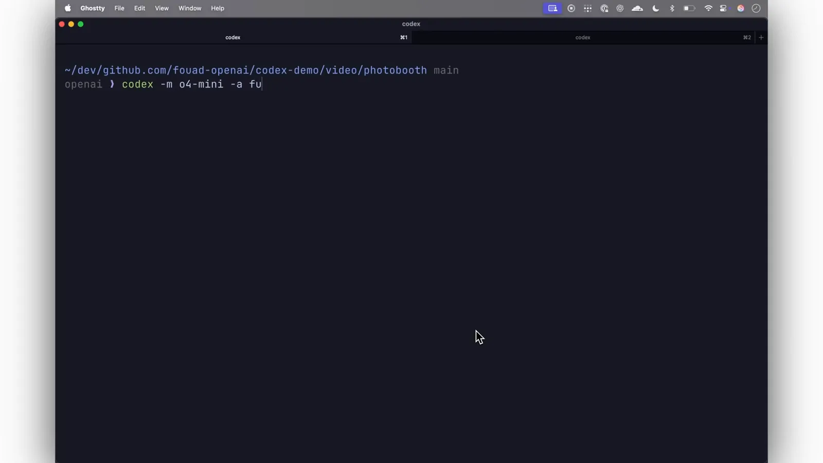 Codex CLI launch command codex -m o4-mini -a full-auto -i being typed in an empty video/photobooth directory for the screenshot-to-app demo