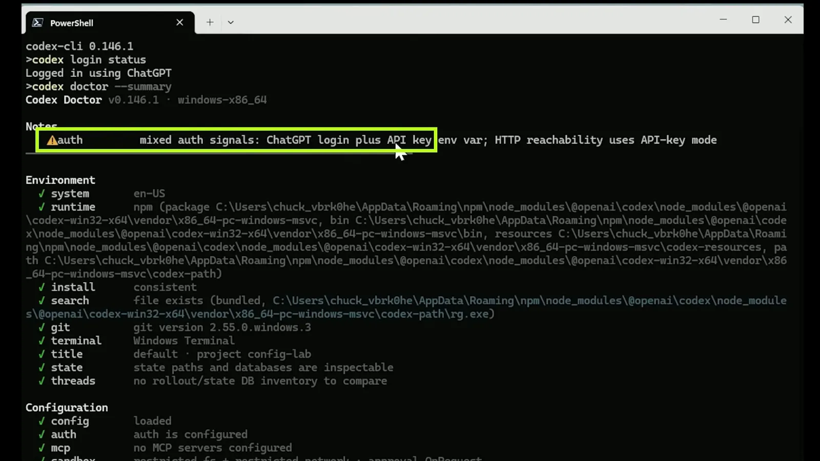 codex doctor --summary output with a mixed auth signals warning, green checkmarks for system, runtime, install, search, git and terminal, and the Configuration section confirming config loaded