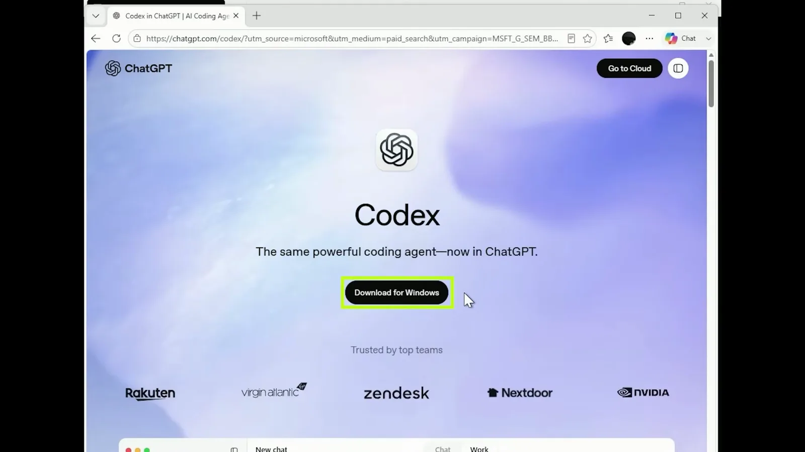 ChatGPT Codex download page with the Download for Windows button and the tagline The same powerful coding agent, now in ChatGPT