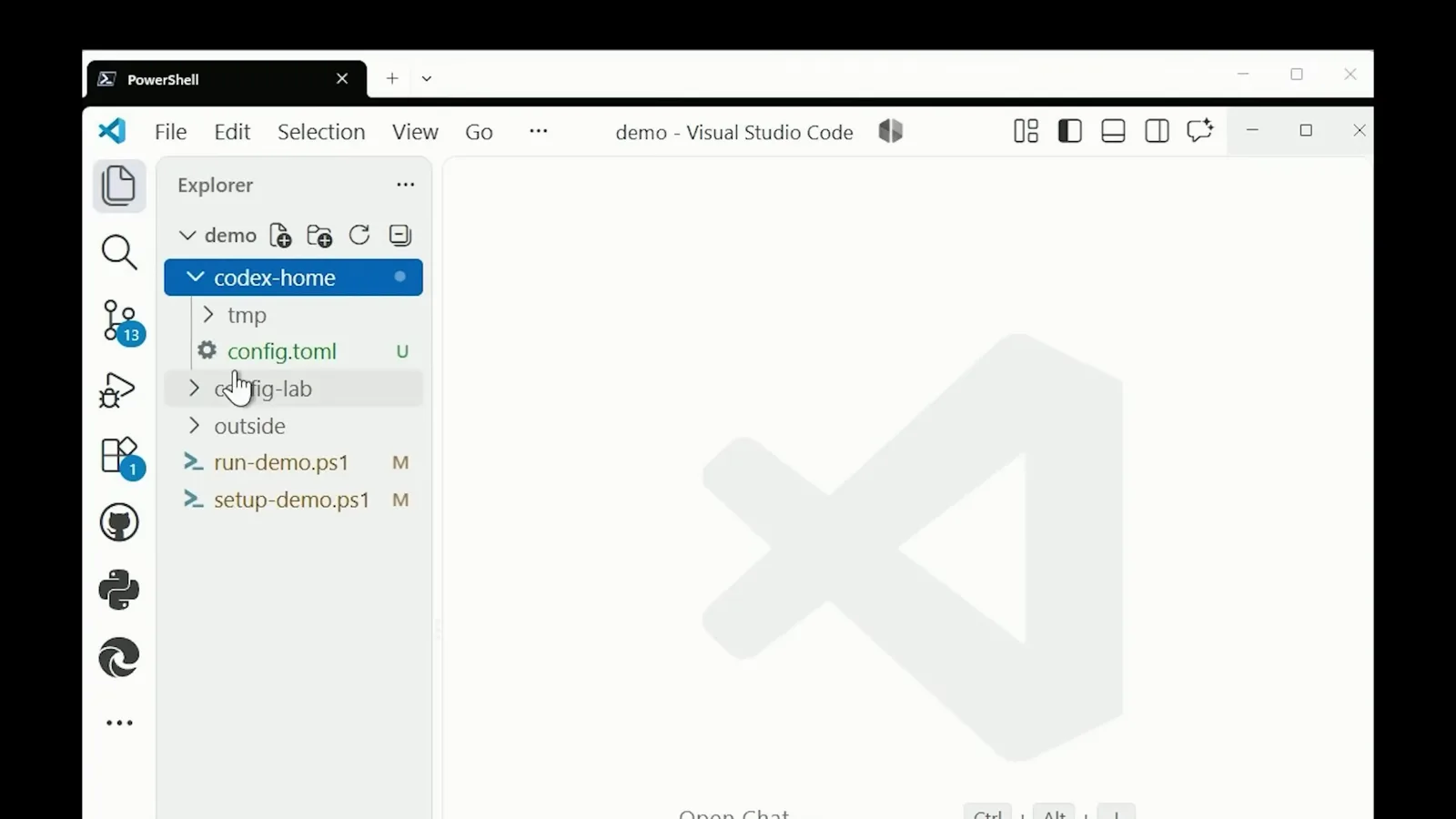 VS Code Explorer with the codex-home folder expanded showing its config.toml selected for editing the user-level Codex configuration