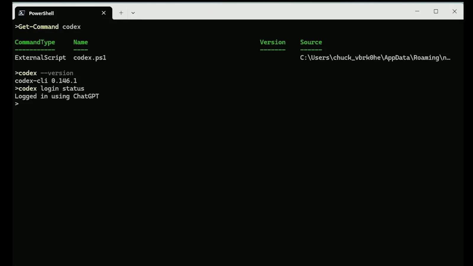 PowerShell session showing codex --version report codex-cli 0.146.1 and codex login status reporting Logged in using ChatGPT