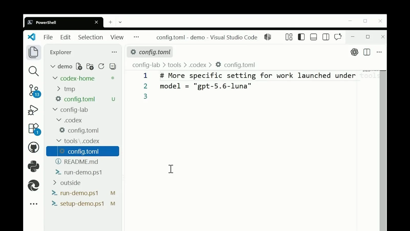 VS Code showing config-lab/tools/.codex/config.toml with model set to gpt-5.6-luna as a more specific setting for work launched under tools