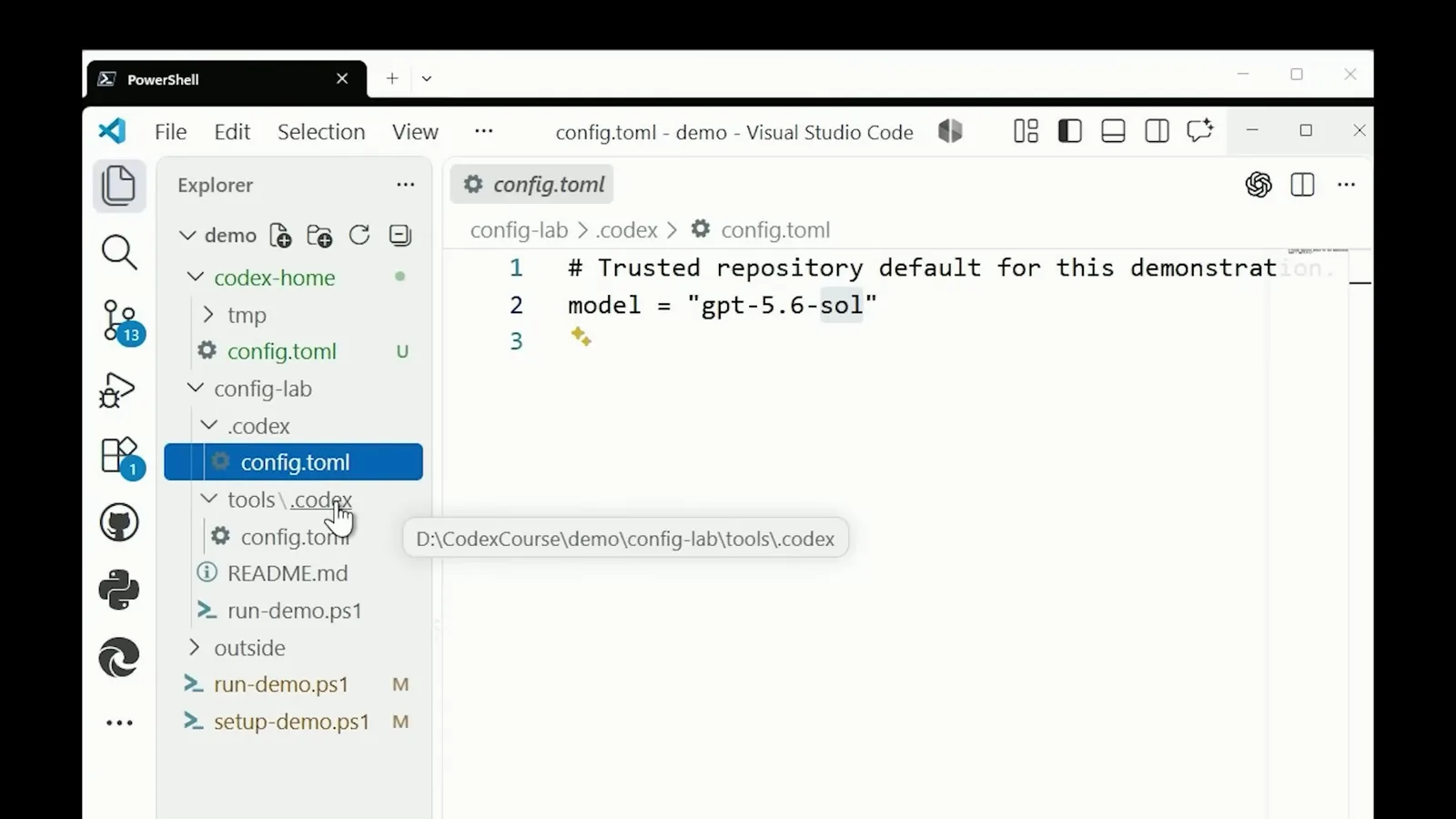 config-lab .codex config.toml in VS Code setting model to gpt-5.6-sol as the trusted repository default beneath the user config