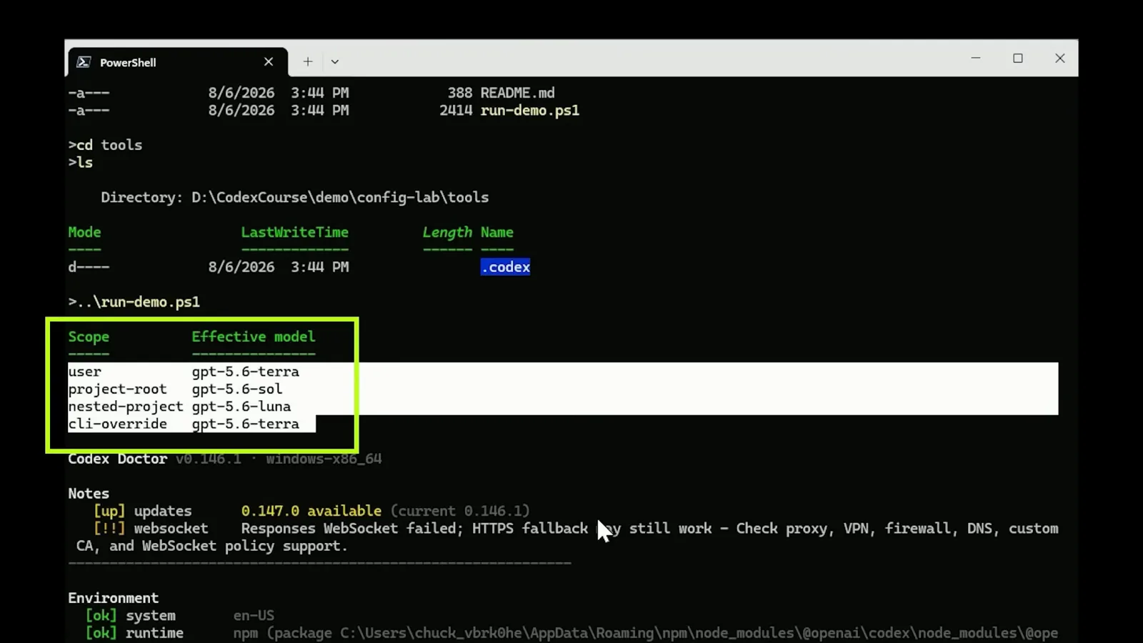 PowerShell run-demo.ps1 output table of effective model per scope with user gpt-5.6-terra, project-root gpt-5.6-sol, nested-project gpt-5.6-luna and cli-override gpt-5.6-terra above Codex Doctor notes