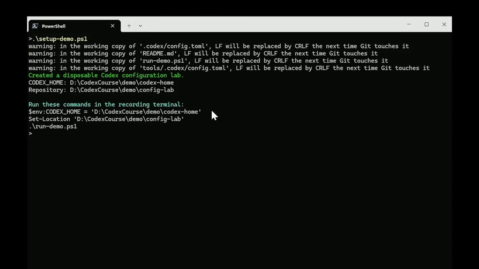 PowerShell after setup-demo.ps1 announcing a disposable Codex configuration lab with CODEX_HOME pointing to demo/codex-home and run-demo.ps1 ready to launch