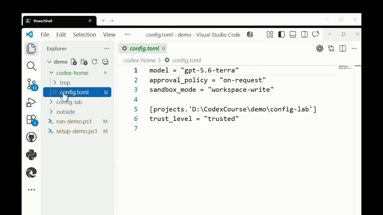 codex-home config.toml in VS Code setting model to gpt-5.6-terra with approval_policy on-request, sandbox_mode workspace-write and a trusted projects entry