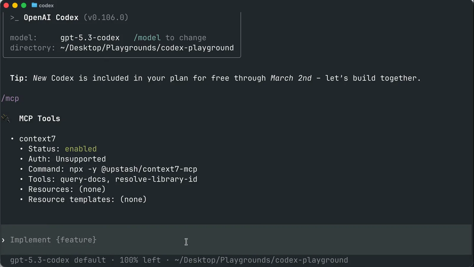 OpenAI Codex terminal with the /mcp panel listing context7 as enabled and its two MCP tools query_docs and resolve-library-id