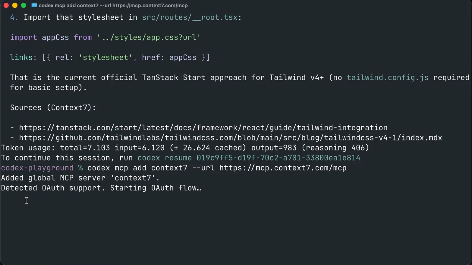 Browser consent screen asking to authorize Codex to access your Context7 account with an Allow button for the MCP OAuth flow